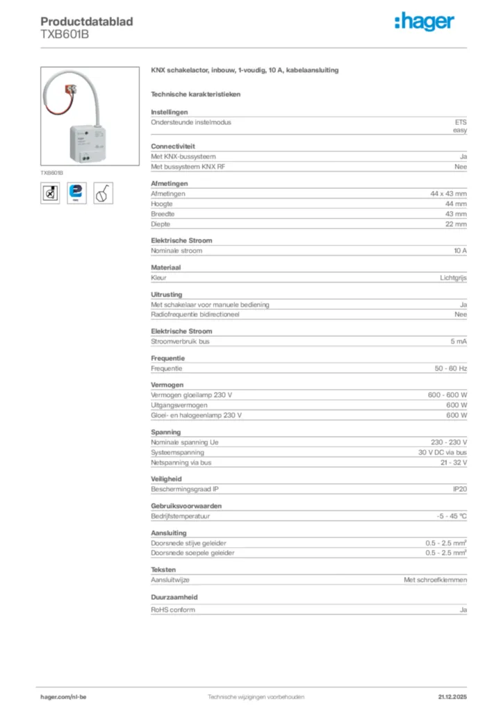 Afbeelding Hager Productdatablad TXB601B | Hager Belgium