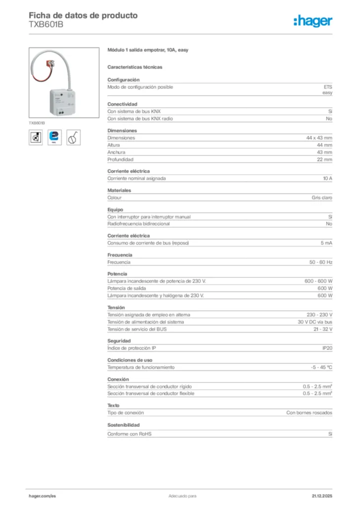 Imagen Hager Ficha de datos de producto TXB601B | Hager España