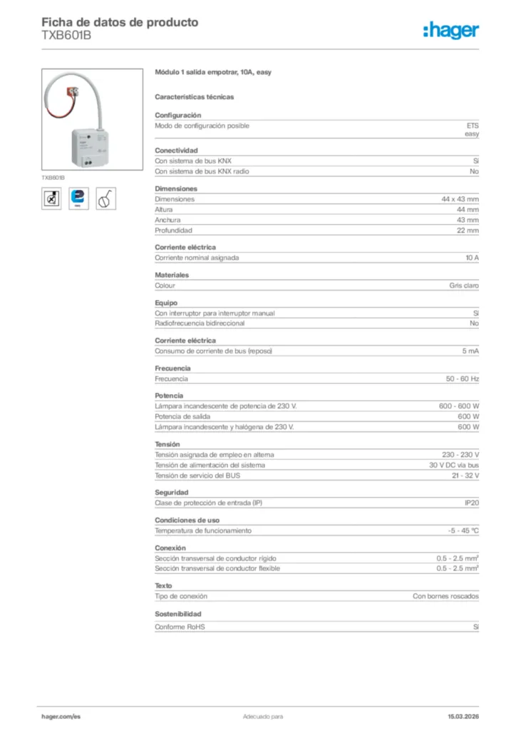 Imagen Hager Ficha de datos de producto TXB601B | Hager España