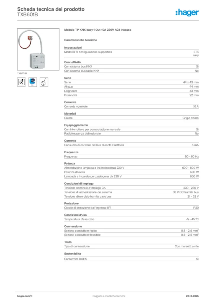 Immagine Hager Scheda tecnica del prodotto TXB601B | Hager Italia