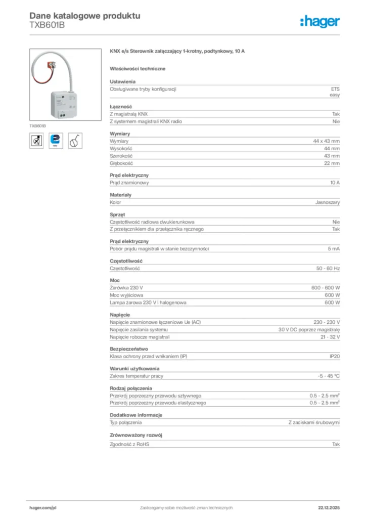 Zdjęcie Hager Dane katalogowe produktu TXB601B | Hager Polska