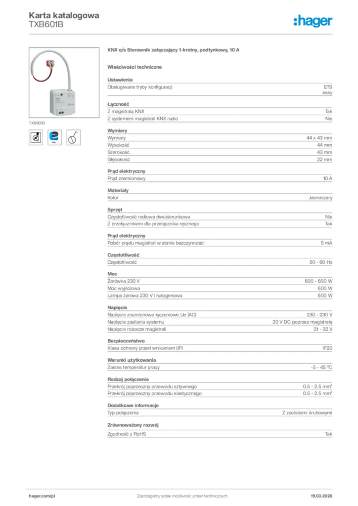 Zdjęcie Hager Karta katalogowa TXB601B | Hager Polska