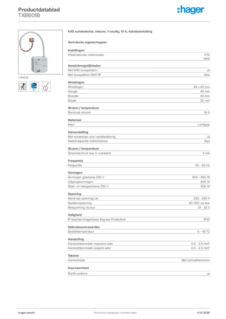 Afbeelding Hager Productdatablad TXB601B | Hager Nederland