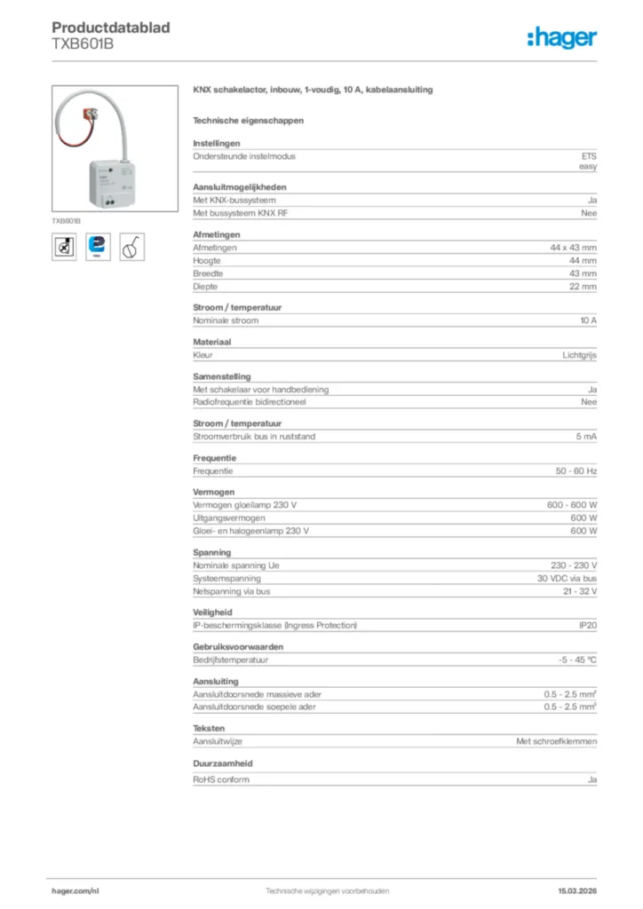 Afbeelding Hager Productdatablad TXB601B | Hager Nederland