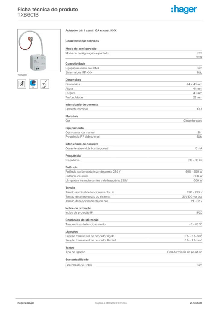 Imagem Hager Ficha técnica do produto TXB601B | Hager Portugal