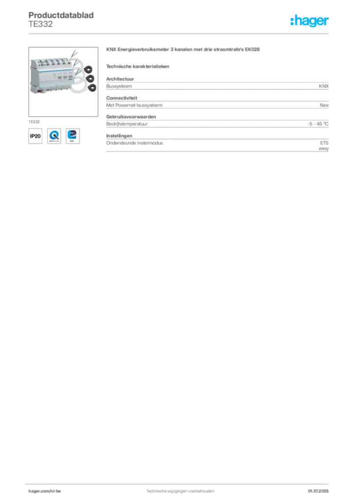 Afbeelding Hager Productdatablad TE332 | Hager Belgium