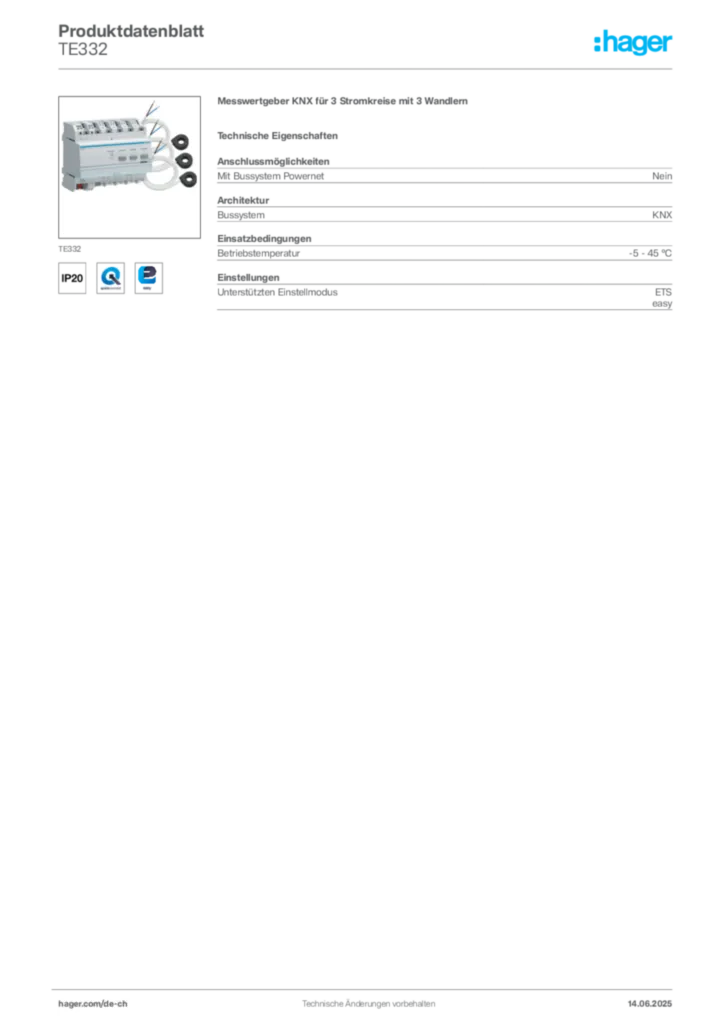 Bild Hager Produktdatenblatt TE332 | Hager Schweiz