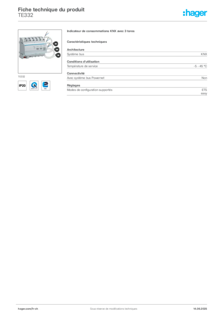Image Hager Fiche technique du produit TE332 | Hager Suisse