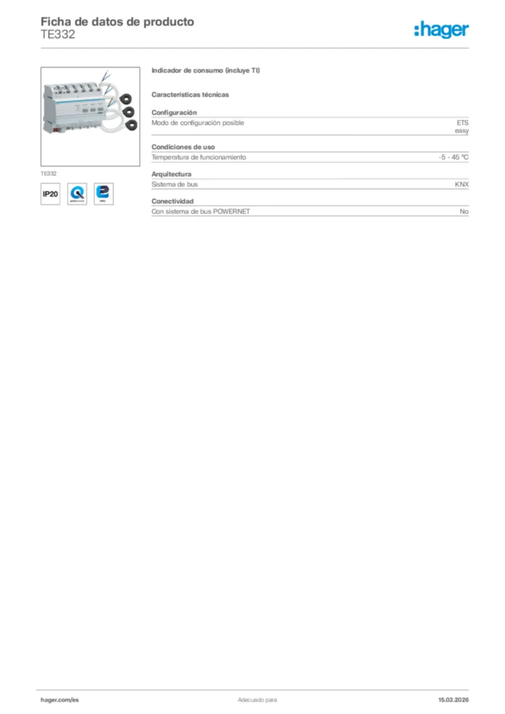 Imagen Hager Ficha de datos de producto TE332 | Hager España