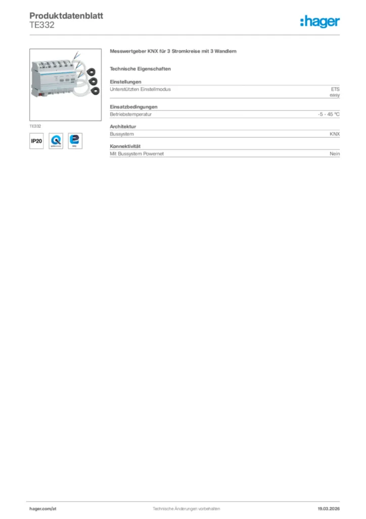 Bild Hager Produktdatenblatt TE332 | Hager Deutschland
