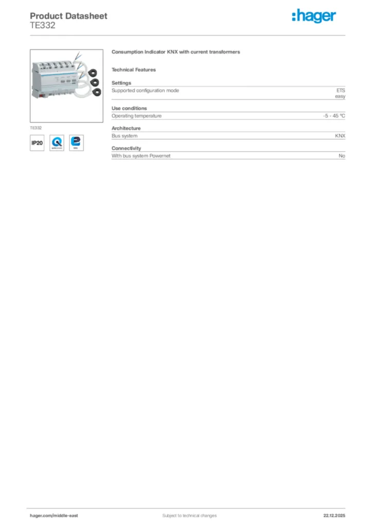 Image Hager Product data sheet TE332  | Hager