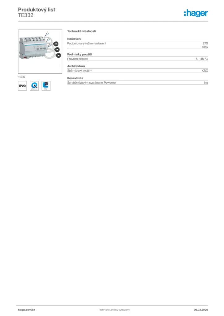 Obrázek Hager Product data sheet TE332 | Hager