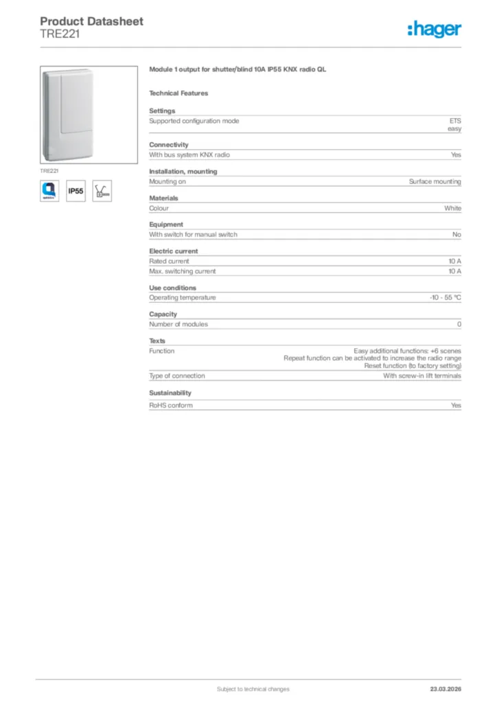 Image Hager Product data sheet TRE221  | Hager Africa