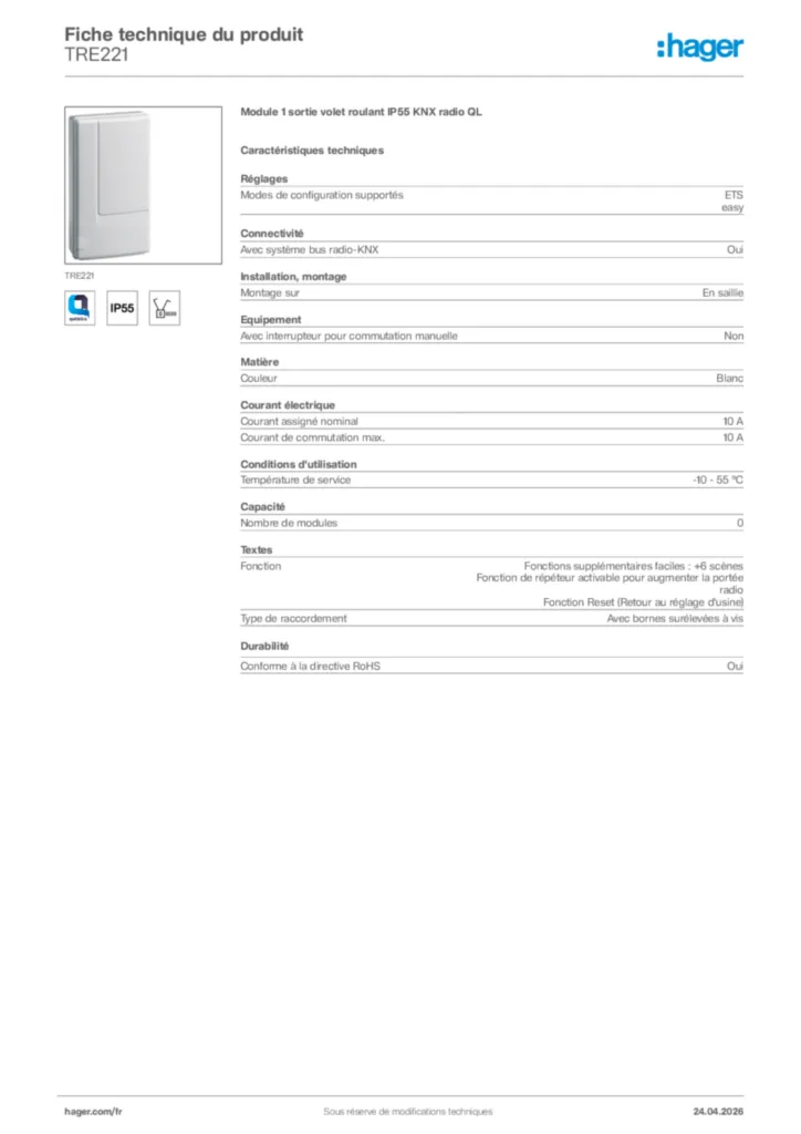 Image Hager Fiche technique du produit TRE221 | Hager France