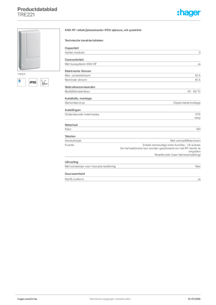 Afbeelding Hager Productdatablad TRE221 | Hager Belgium
