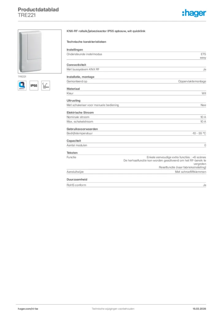Afbeelding Hager Productdatablad TRE221 | Hager Belgium