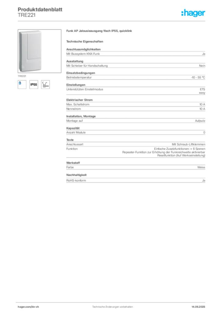 Bild Hager Produktdatenblatt TRE221 | Hager Schweiz