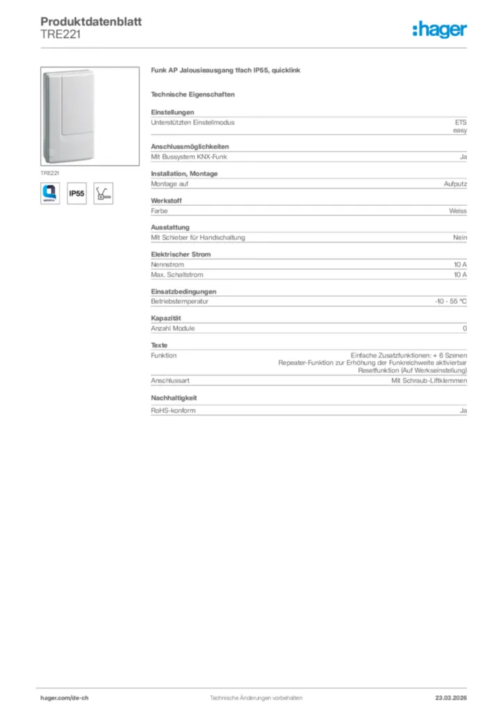 Bild Hager Produktdatenblatt TRE221 | Hager Schweiz