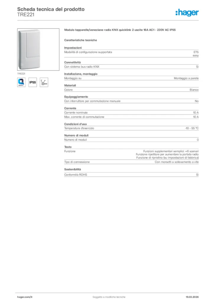 Immagine Hager Scheda tecnica del prodotto TRE221 | Hager Italia
