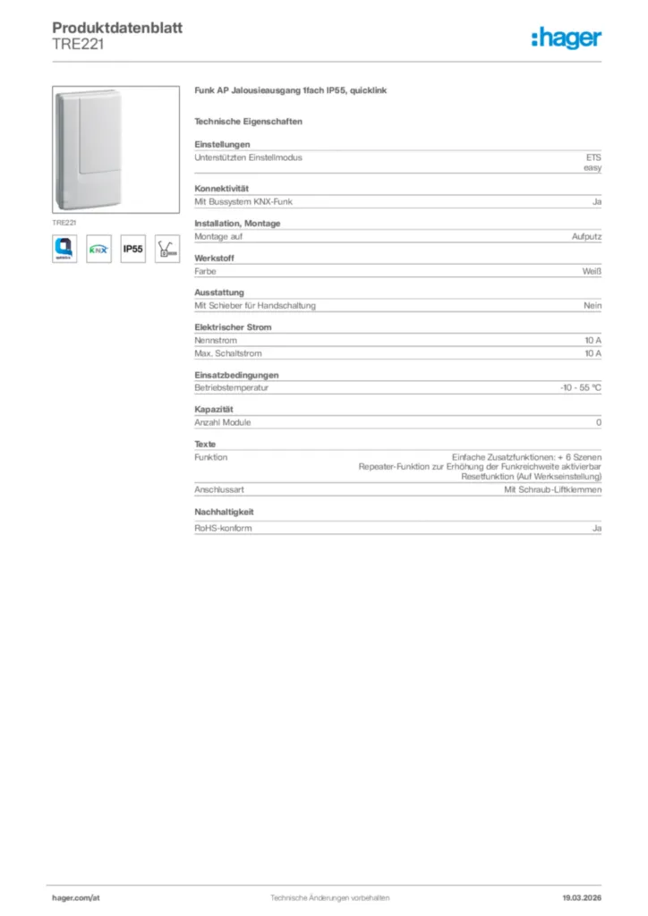 Bild Hager Produktdatenblatt TRE221 | Hager Deutschland