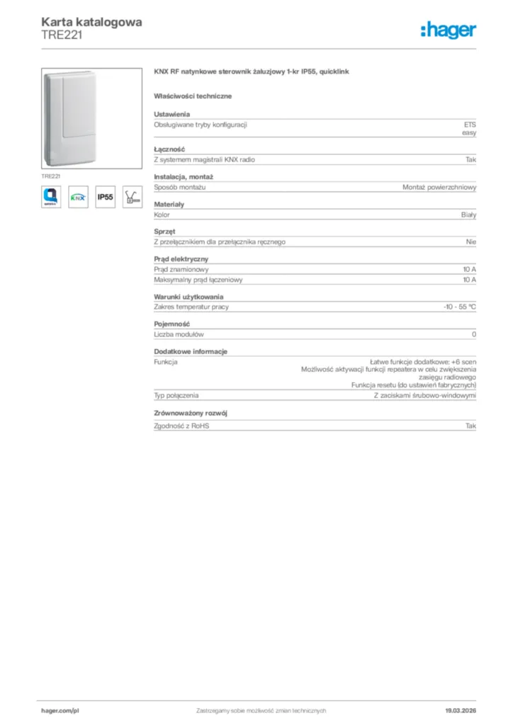 Zdjęcie Hager Karta katalogowa TRE221 | Hager Polska