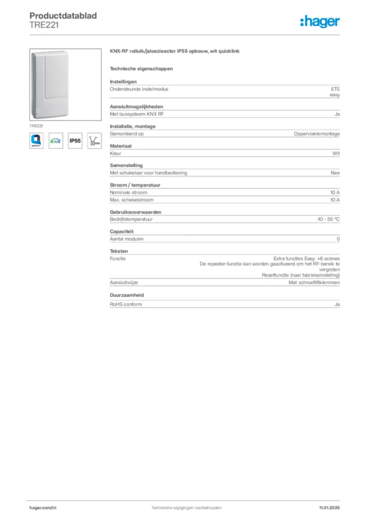 Afbeelding Hager Productdatablad TRE221 | Hager Nederland