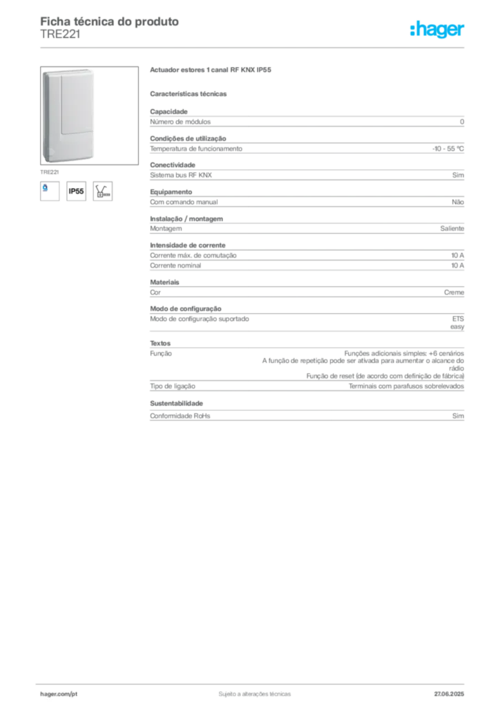 Imagem Hager Ficha técnica do produto TRE221 | Hager Portugal