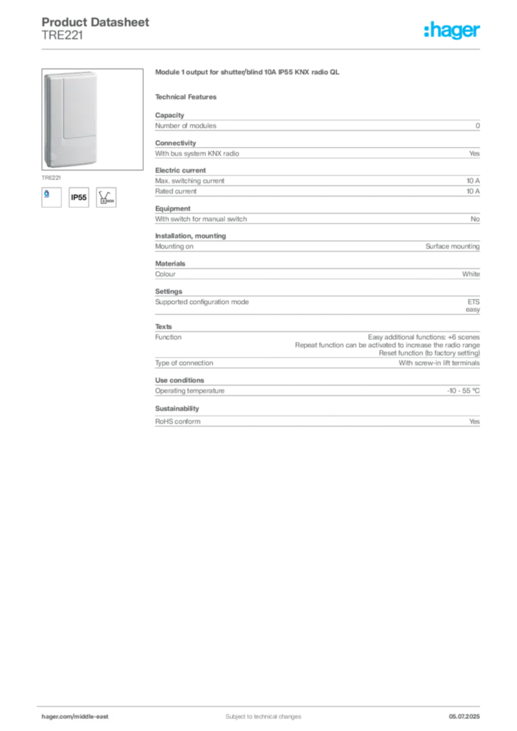 Image Hager Product data sheet TRE221  | Hager