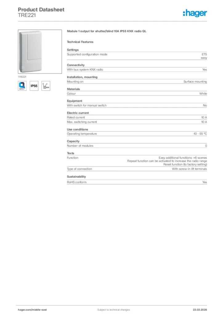 Image Hager Product data sheet TRE221  | Hager