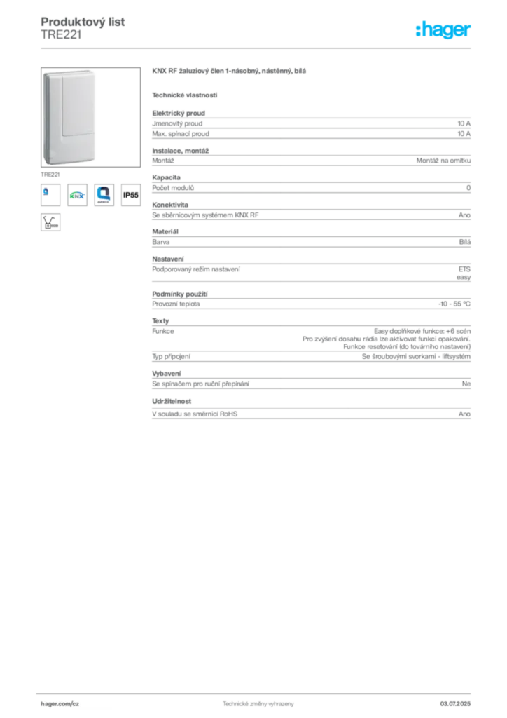 Obrázek Hager Produktový list TRE221 | Hager