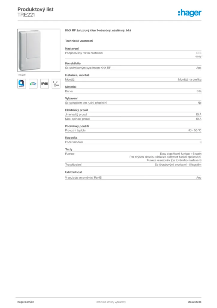 Obrázek Hager Product data sheet TRE221 | Hager