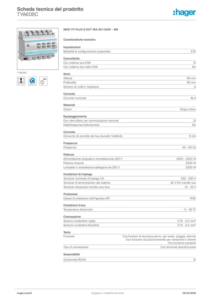 Immagine Hager Scheda tecnica del prodotto TYA608C | Hager Italia