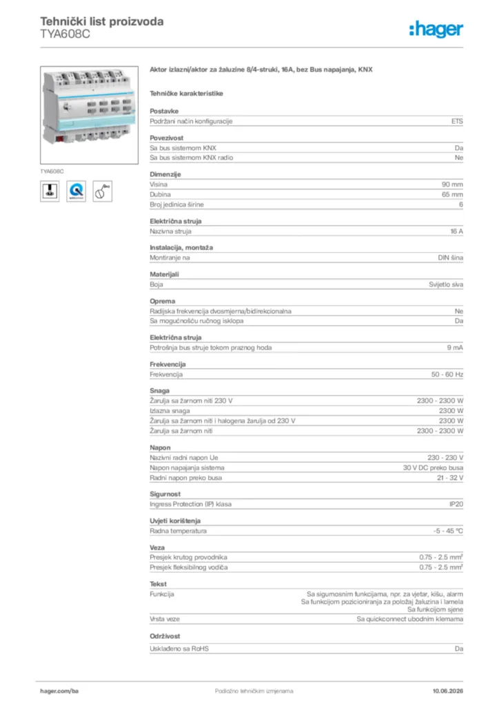 Slika Hager Tehnički list proizvoda TYA608C  | Hager
