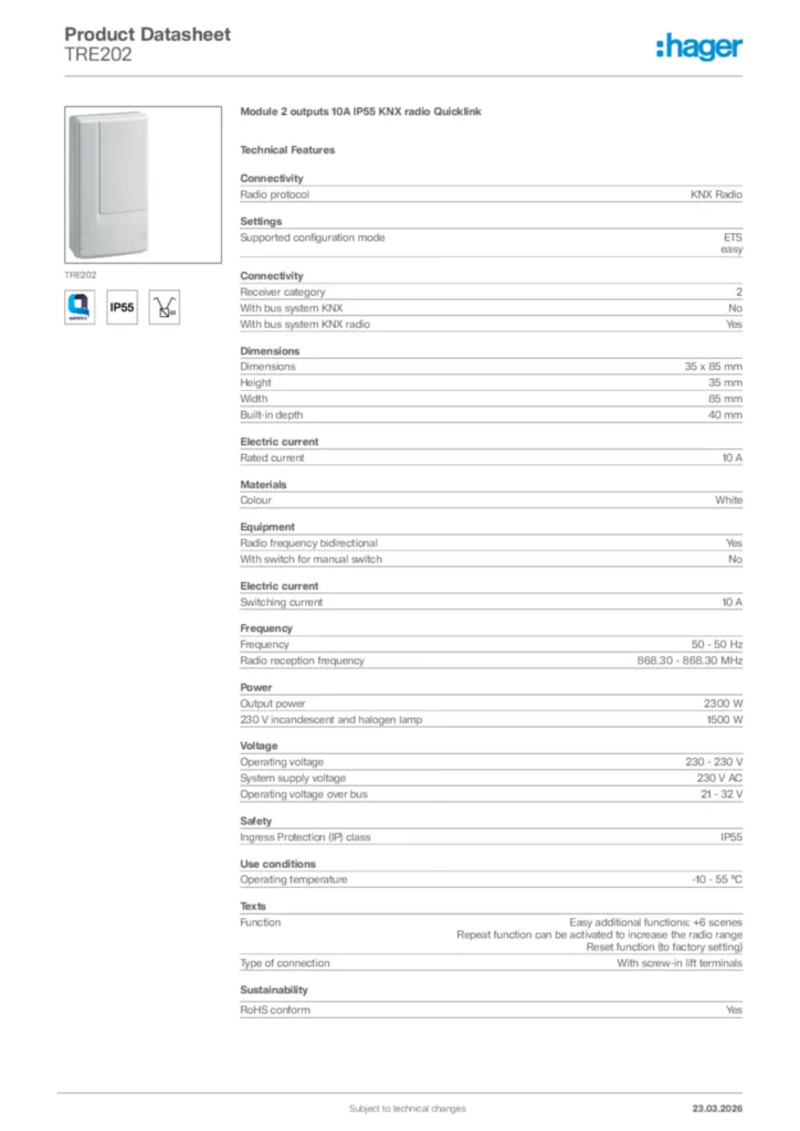 Image Hager Product data sheet TRE202  | Hager Africa