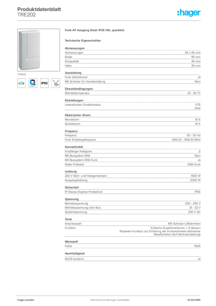 Hager Produktdatenblatt TRE202