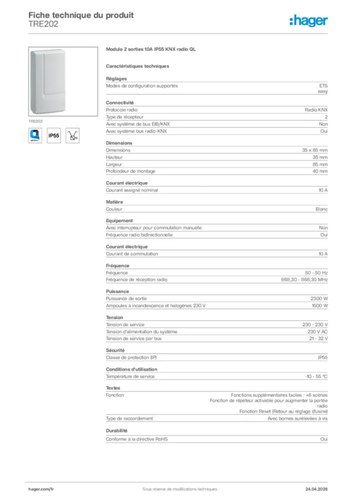 Image Hager Fiche technique du produit TRE202 | Hager France