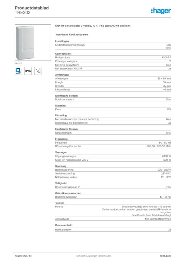 Afbeelding Hager Productdatablad TRE202 | Hager Belgium