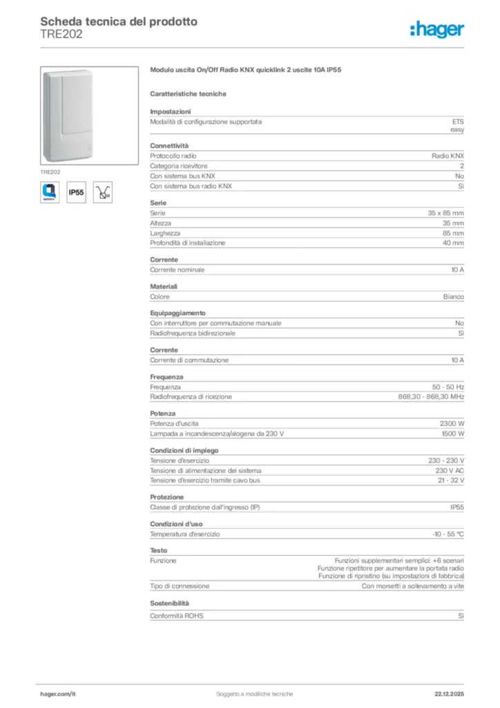 Immagine Hager Scheda tecnica del prodotto TRE202 | Hager Italia