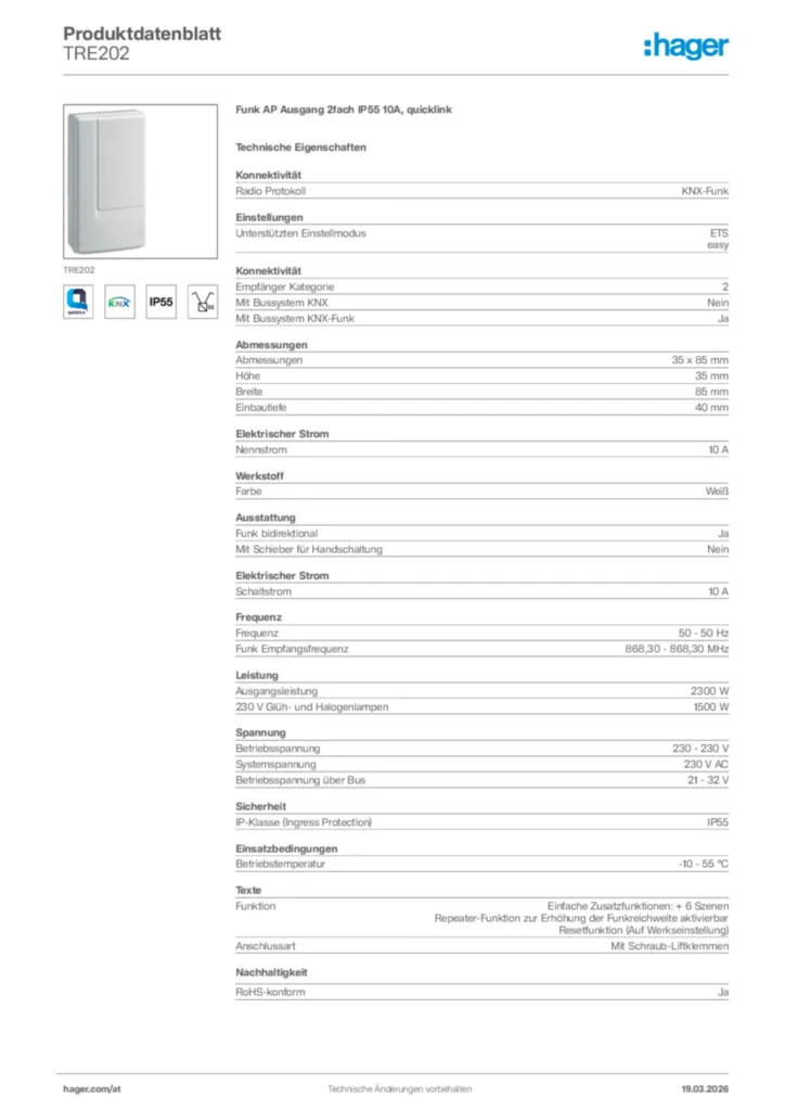 Bild Hager Produktdatenblatt TRE202 | Hager Deutschland
