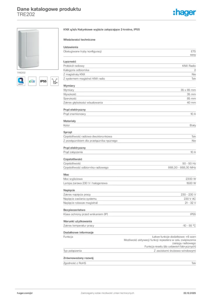 Zdjęcie Hager Dane katalogowe produktu TRE202 | Hager Polska