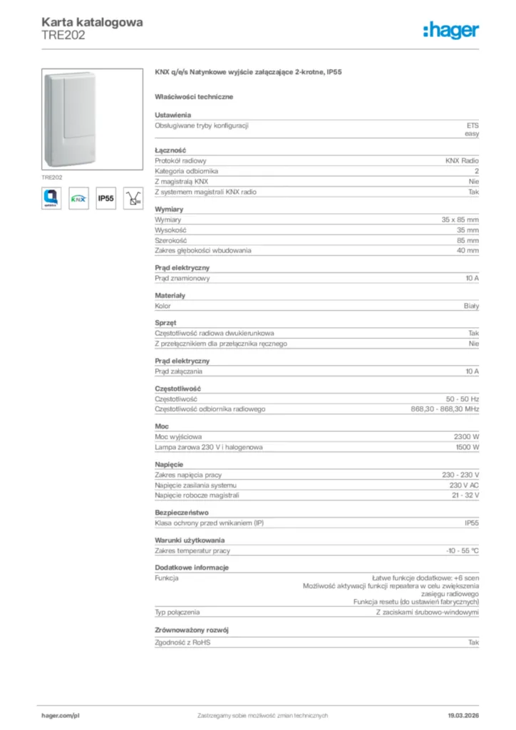 Zdjęcie Hager Karta katalogowa TRE202 | Hager Polska