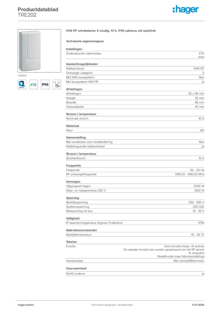 Afbeelding Hager Productdatablad TRE202 | Hager Nederland