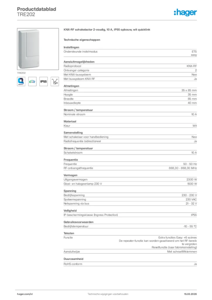 Afbeelding Hager Productdatablad TRE202 | Hager Nederland