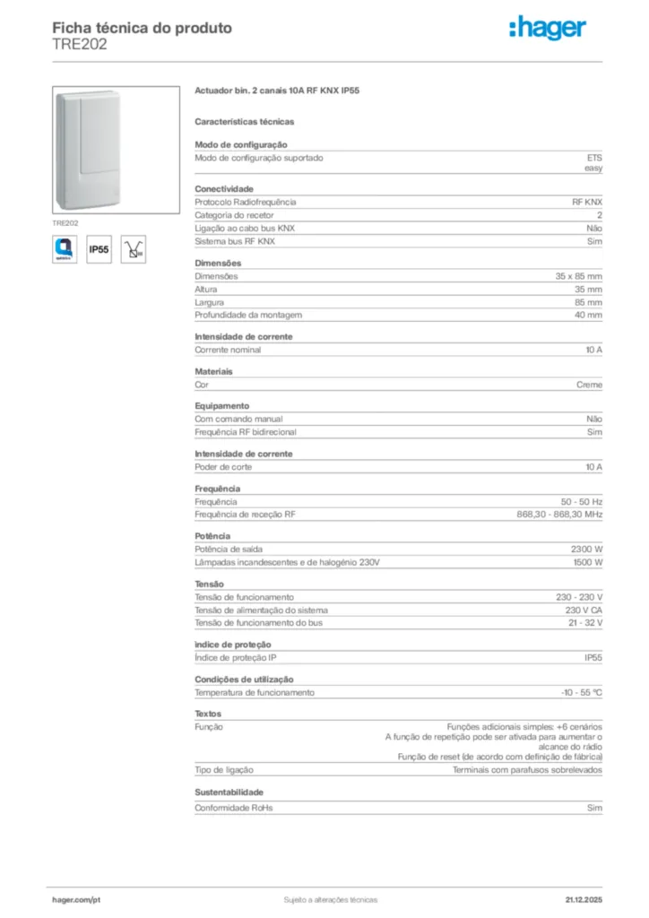Imagem Hager Ficha técnica do produto TRE202 | Hager Portugal