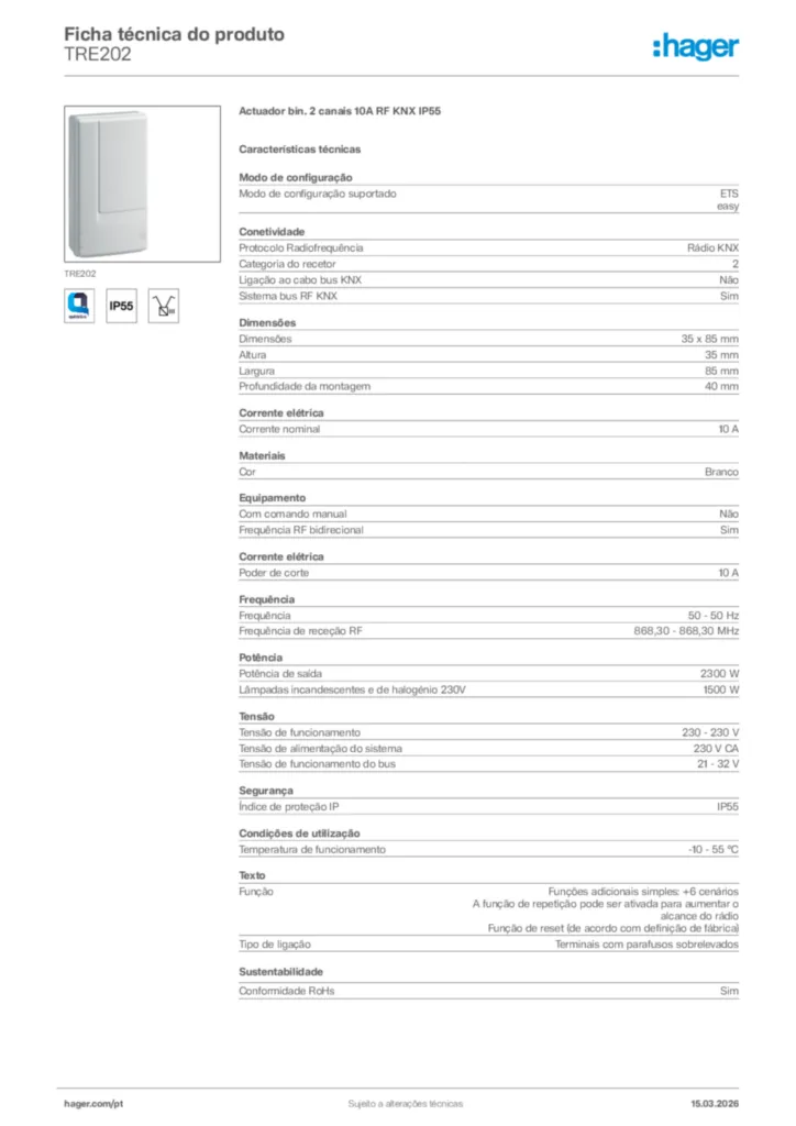 Imagem Hager Ficha técnica do produto TRE202 | Hager Portugal