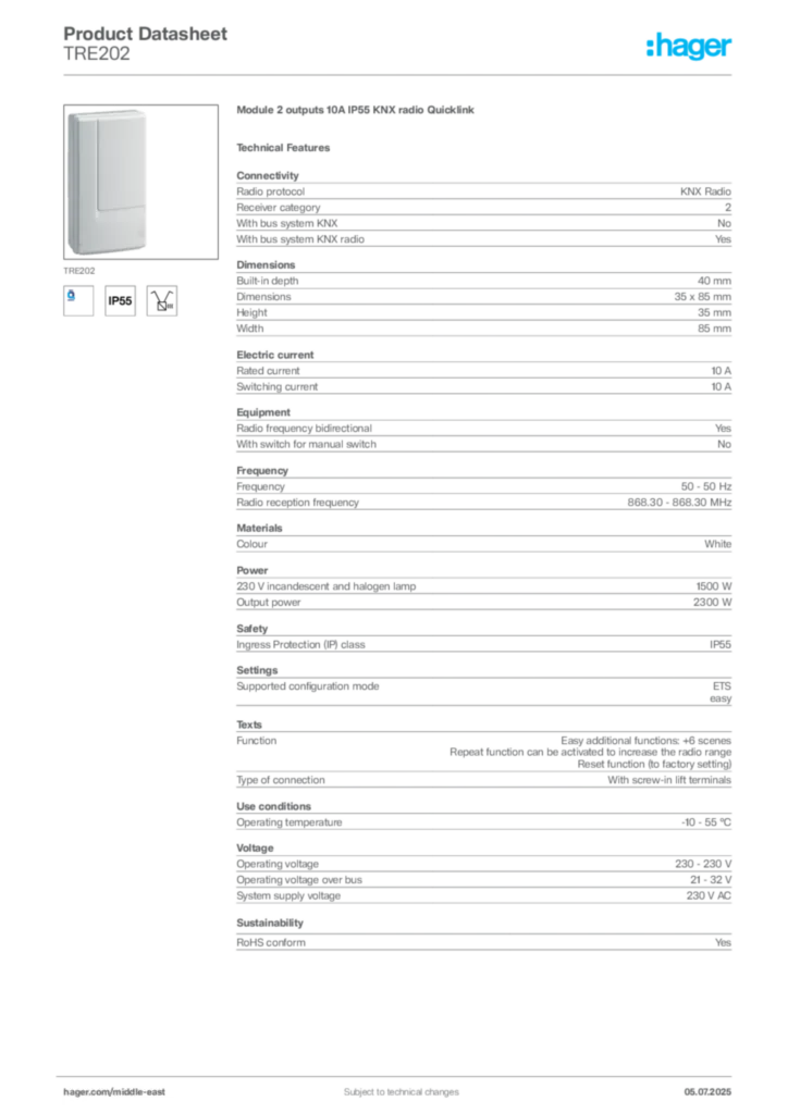 Image Hager Product data sheet TRE202  | Hager