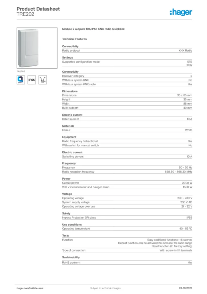 Image Hager Product data sheet TRE202  | Hager
