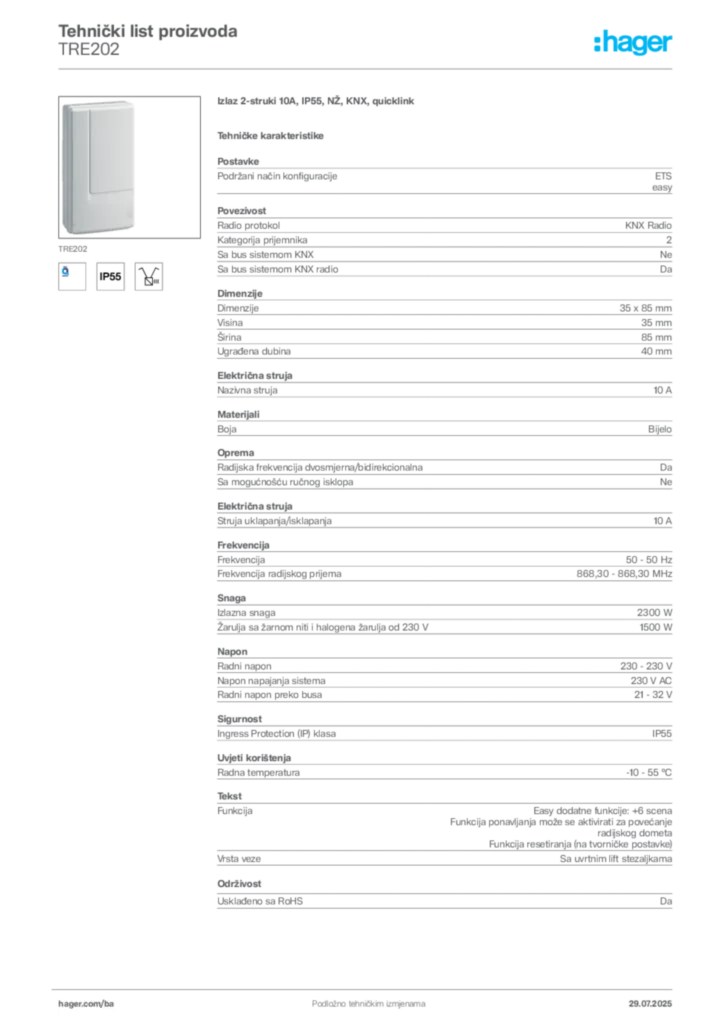 Slika Hager Product data sheet TRE202  | Hager