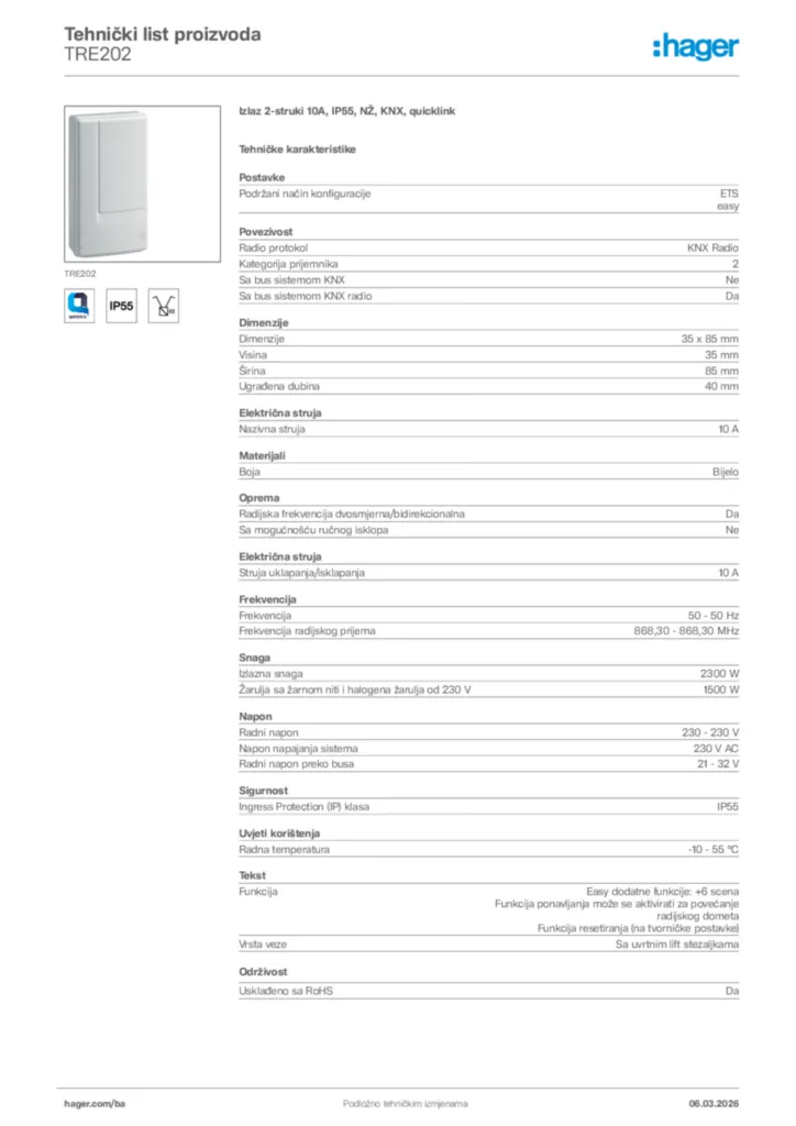 Slika Hager Tehnički list proizvoda TRE202  | Hager