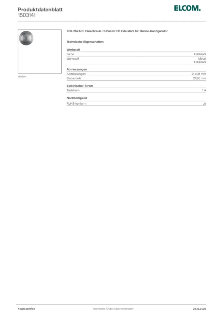 Bild Elcom Produktdatenblatt 1503141 | Hager Deutschland
